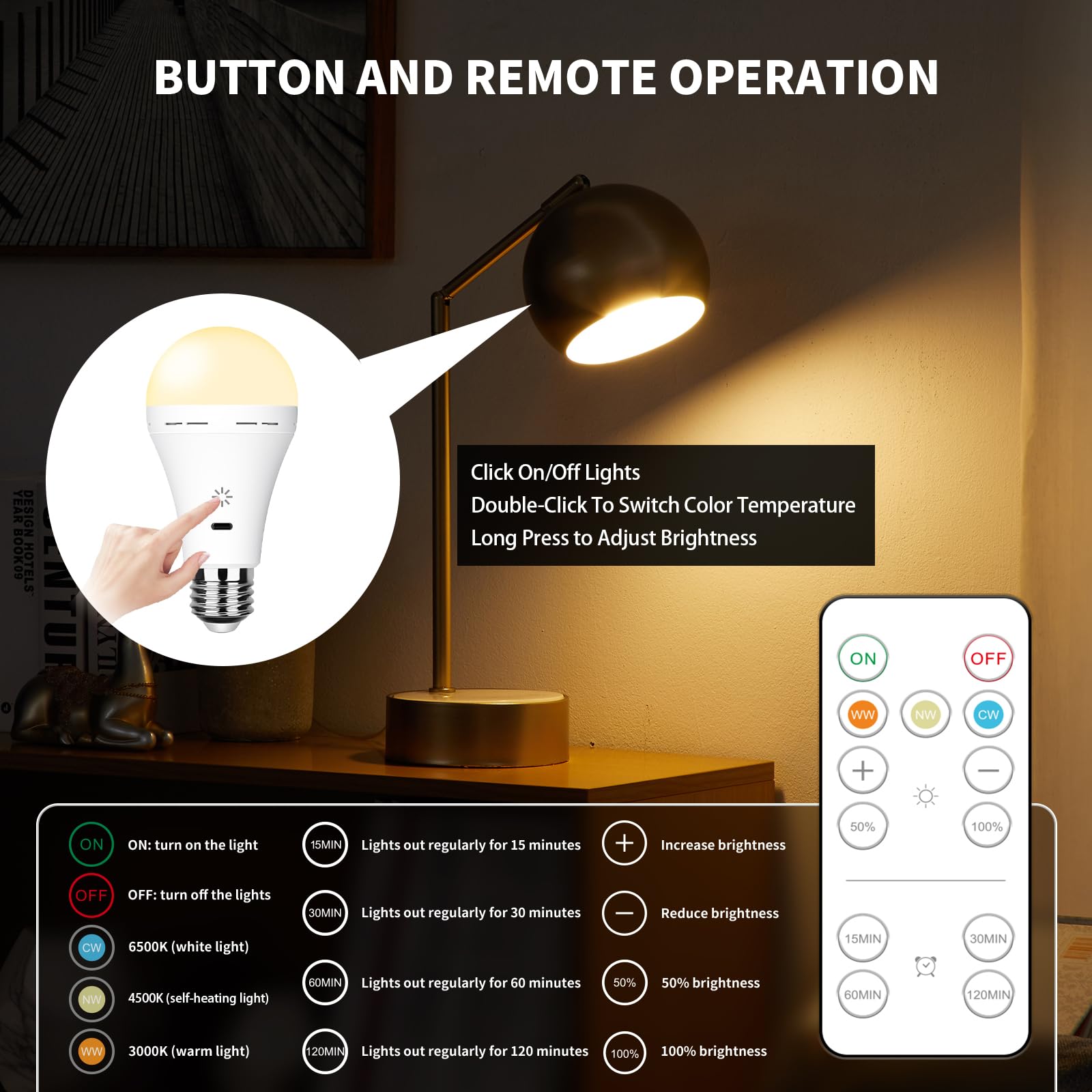 Usb Rechargeable Light Bulb With Remote Control, 3 Color Temperature Led Dimmable Battery Powered Light Bulbs, E26 8W Touch Cont